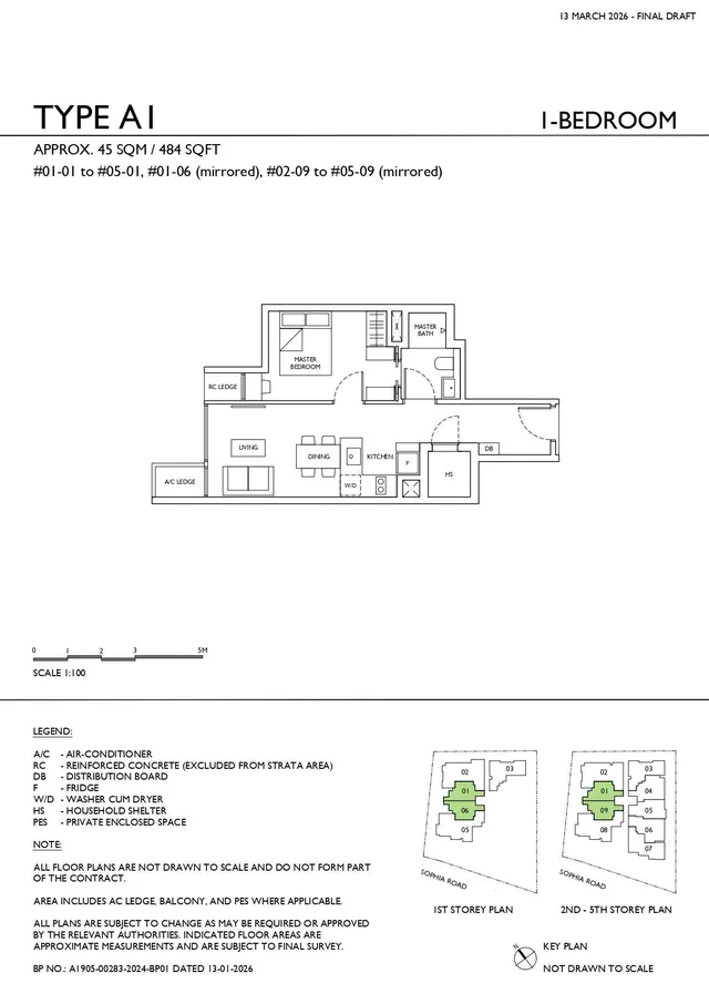 Sophia Meadow Type A1 1-Bedroom floor plan, 45 sqm / 484 sqft