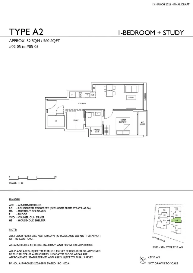 Sophia Meadow Type A2 1-Bedroom + Study floor plan, 52 sqm / 560 sqft