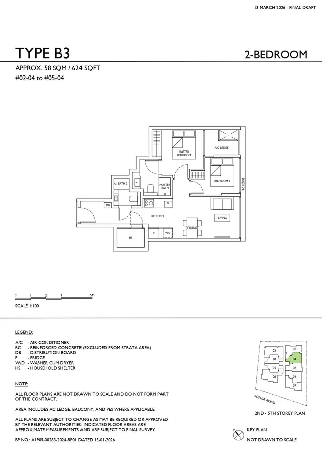 Sophia Meadow Type B3 2-Bedroom floor plan, 58 sqm / 624 sqft