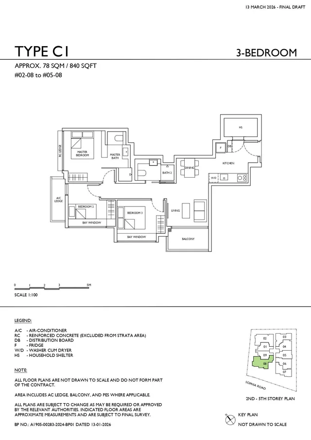 Sophia Meadow Type C1 3-Bedroom floor plan, 78 sqm / 840 sqft