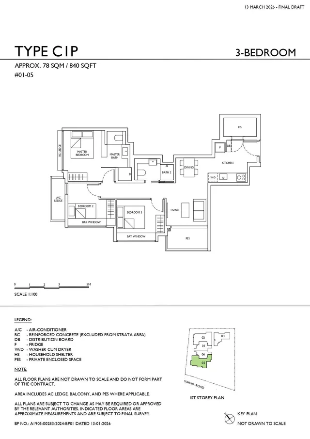 Sophia Meadow Type C1P 3-Bedroom (PES) floor plan, 78 sqm / 840 sqft