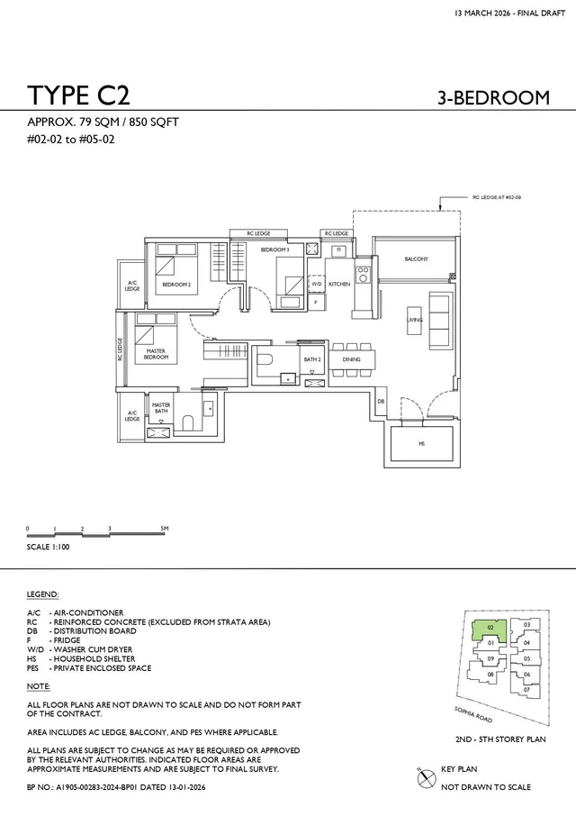 Sophia Meadow Type C2 3-Bedroom floor plan, 79 sqm / 850 sqft