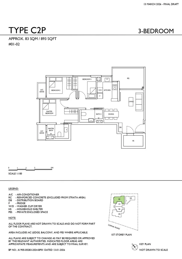 Sophia Meadow Type C2P 3-Bedroom (PES) floor plan, 83 sqm / 893 sqft