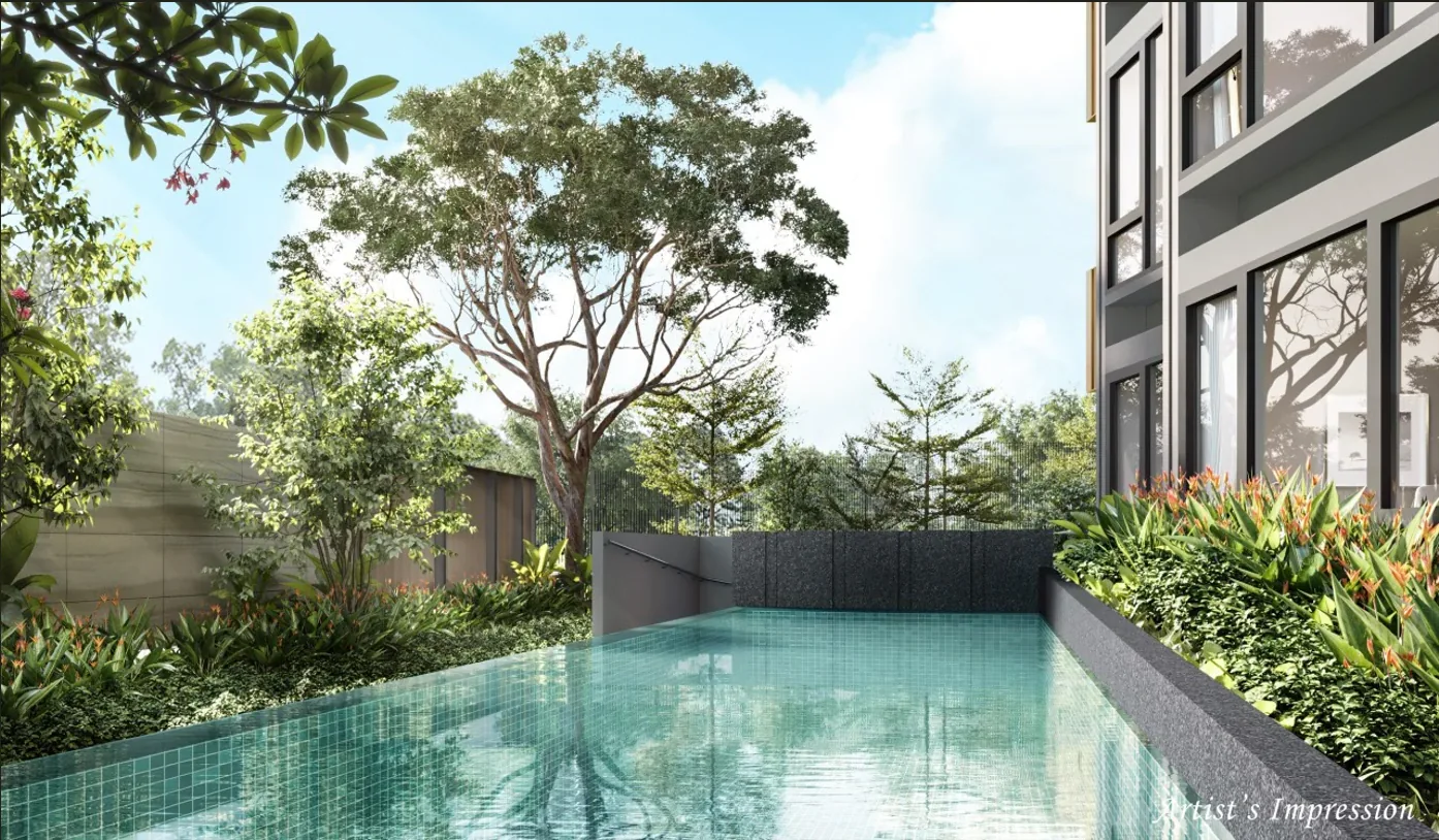 Sophia Meadow lap pool framed by mature rain trees