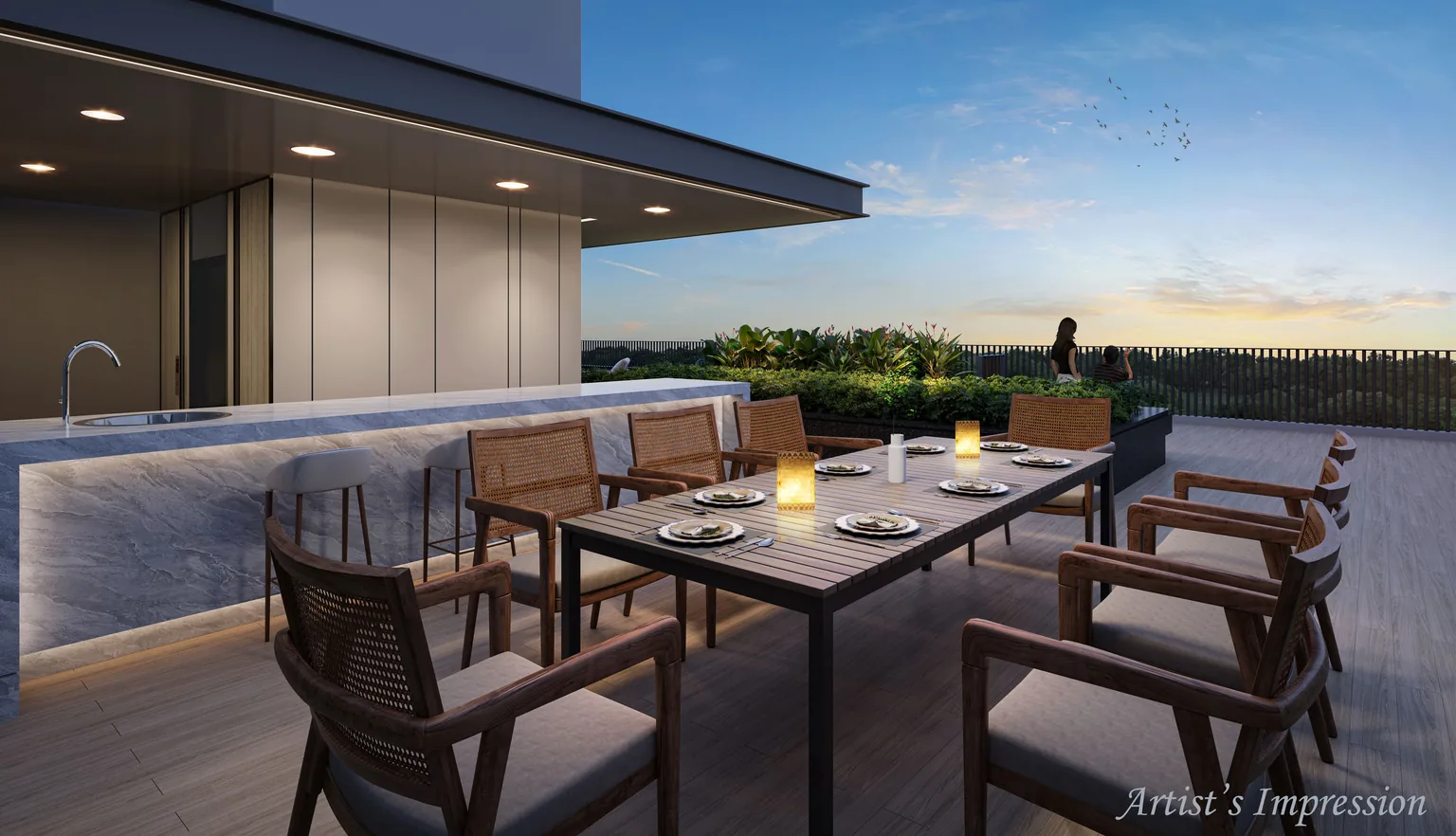 Sophia Meadow rooftop dining terrace at sunset