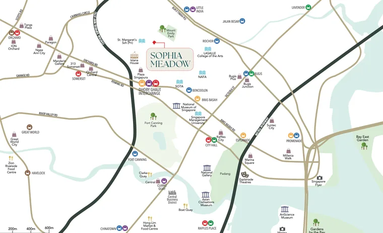 Location map showing Sophia Meadow in District 9 near Dhoby Ghaut and Orchard