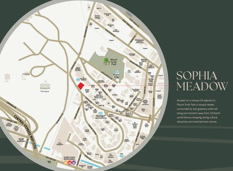Map of amenities around Sophia Meadow including Orchard, Dhoby Ghaut and the arts belt