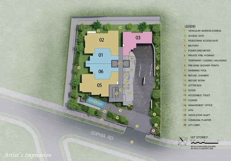 Sophia Meadow first-storey site plan showing pool, lounge, gym and unit blocks