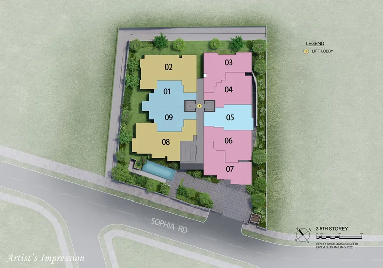 Sophia Meadow upper-storey site plan showing unit distribution across levels